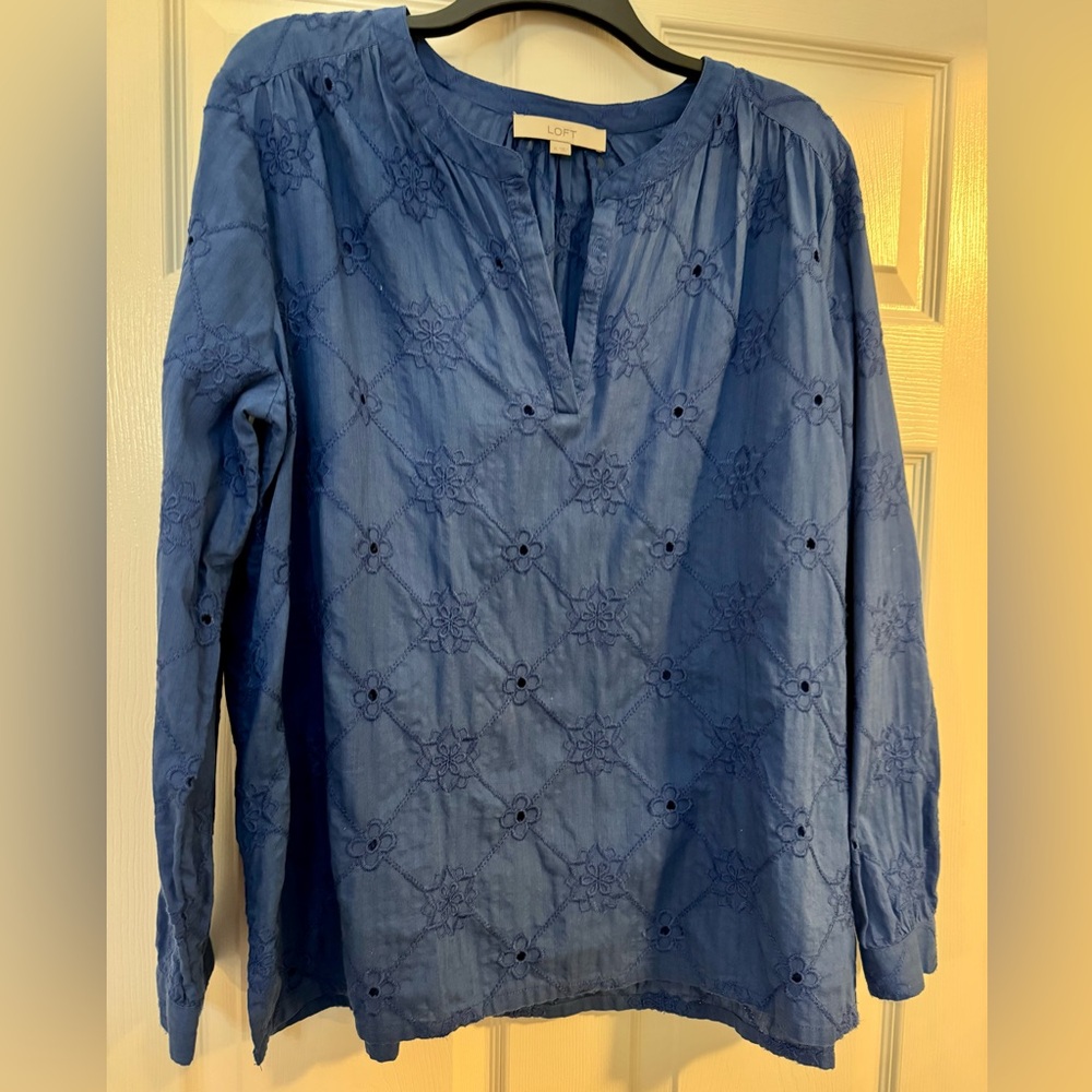 LOFT Navy Floral Embroidered Blouse